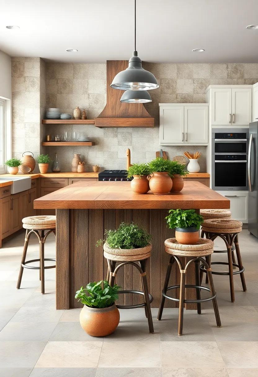 Weathered Barnwood Island Surrounded by Woven Stools and Fresh Herbs in Earthenware Pots