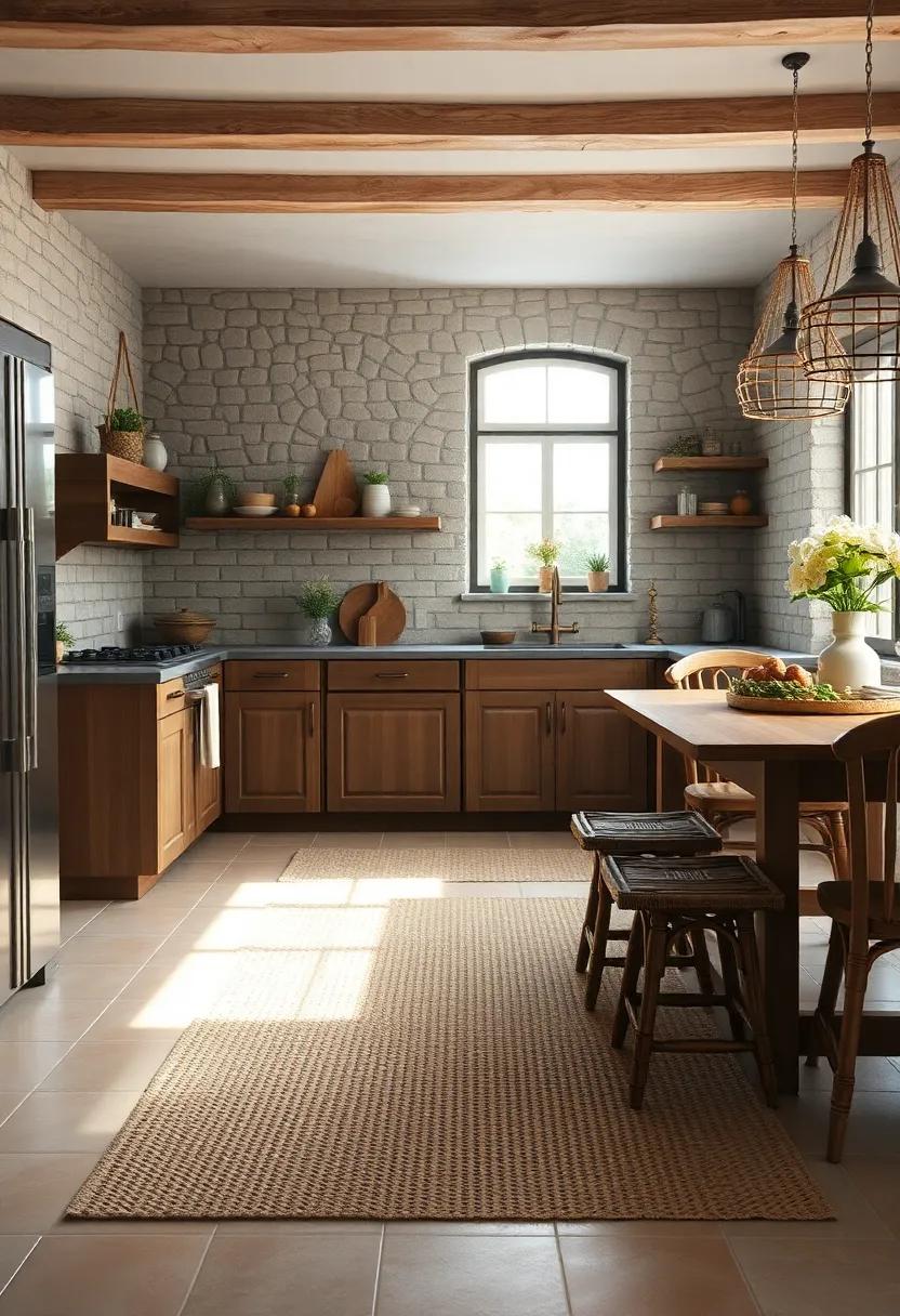 Woven Seagrass Rugs Softening the Wear of Terra Cotta Tile Floors in a Country-Style Setting