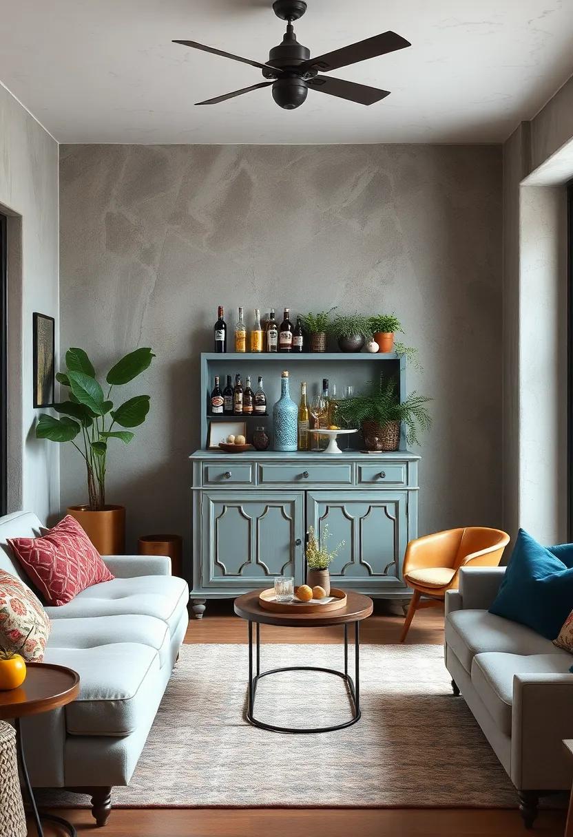Repurposed Furniture: Use ‌a ⁢vintage ‍dresser​ or a small side table as ⁢a bar, giving an old ‍piece new life and character in your living room