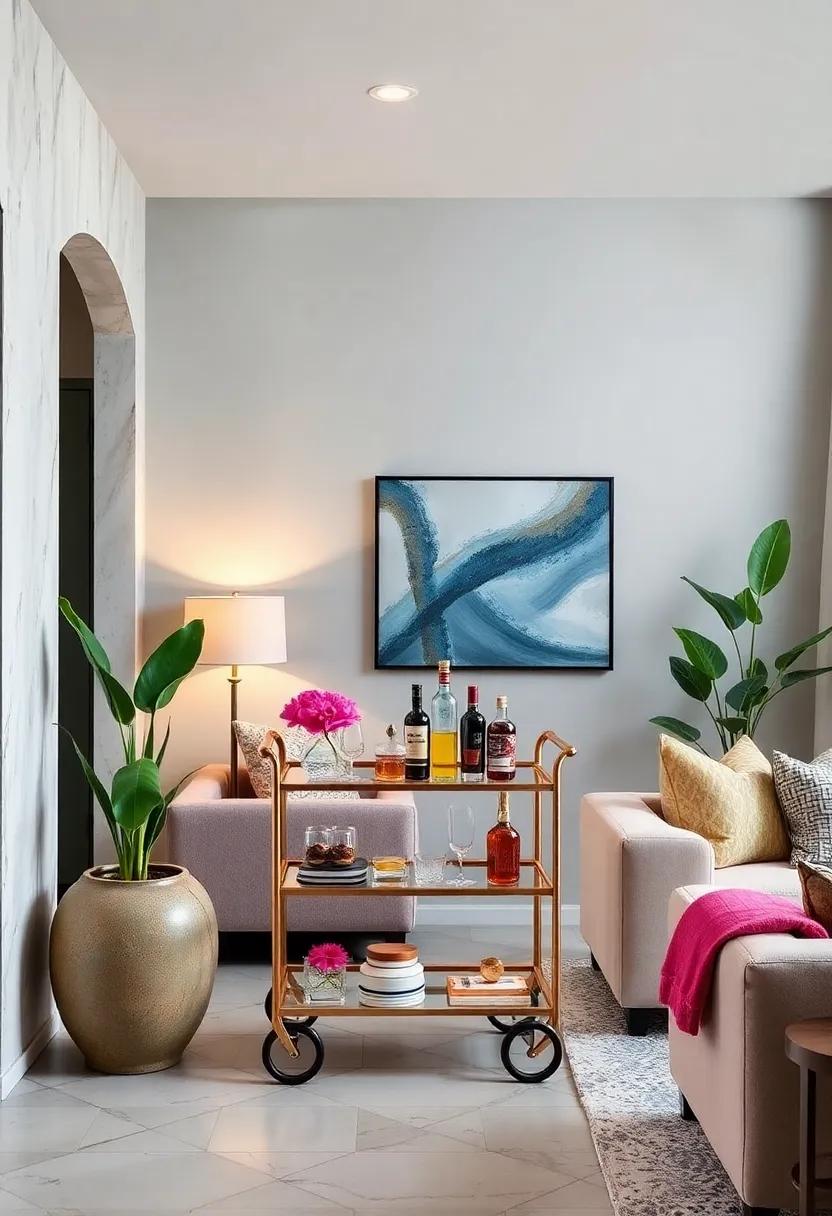 Colorful bar ‌Cart: ‌Choose‌ a ​bold, colorful bar‌ cart to add ‌a pop of‍ personality​ and cheer to⁤ your living room ⁣décor