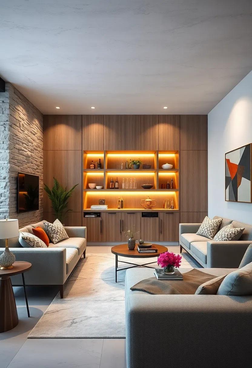 Built-In Cabinet: ⁢Design a built-in ‌bar cabinet that blends⁢ seamlessly with your⁣ living room ‌furniture⁣ for a‍ sophisticated look without taking up extra floor space