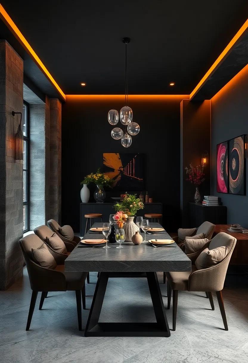 Balancing Deep Charcoal Walls with Soft Amber Lighting to Craft an Intimate Dining Ambiance