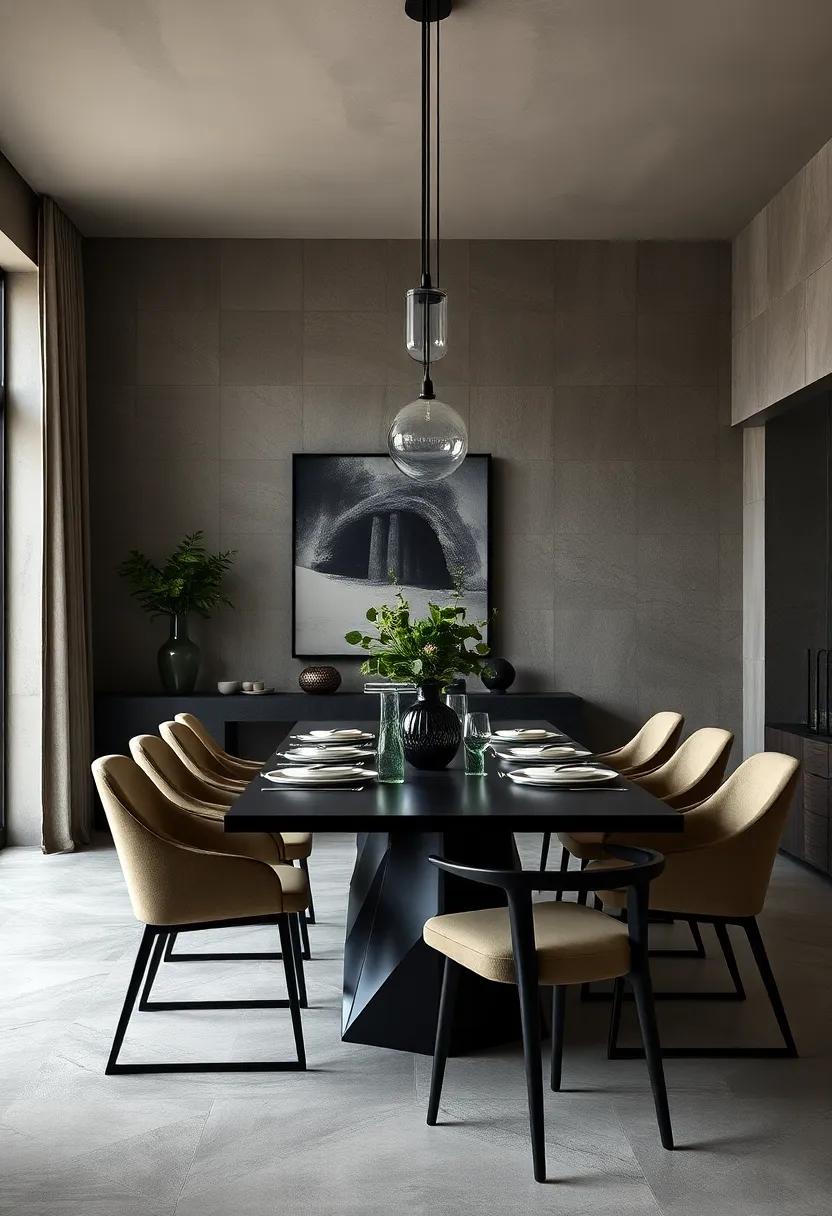 Combination of Dark Green Botanicals in Sleek Vases Introducing Life and Calm to Shadowy Dining Settings