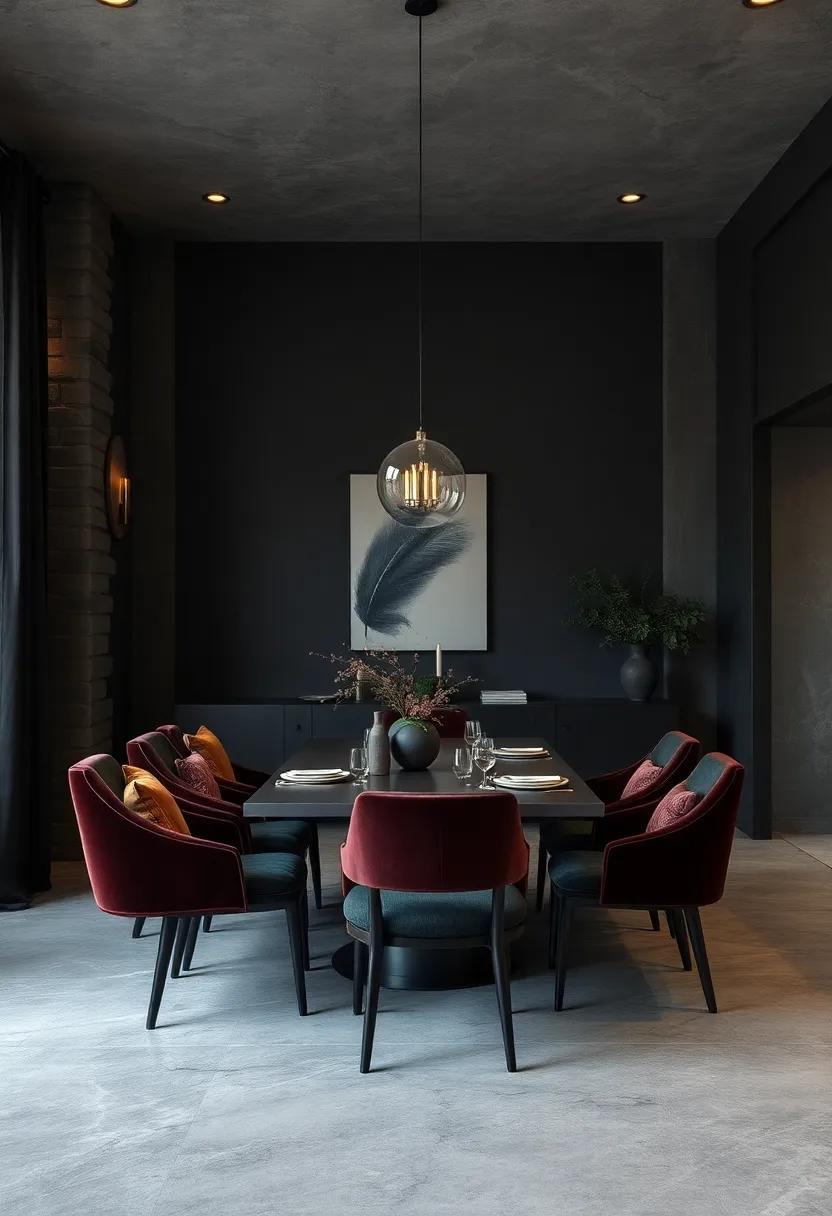Contrast of Matte Black Furniture Against Velvet Fabric Seating Creating Textural Depth in Dark Dining Spaces