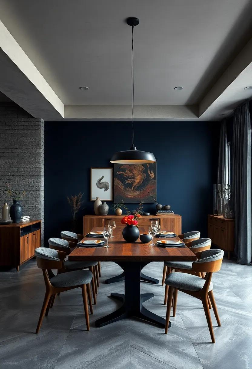 Deep Navy Blue Walls Paired with Warm Wooden Surfaces Forming a Cozy and Refined Dining Environment