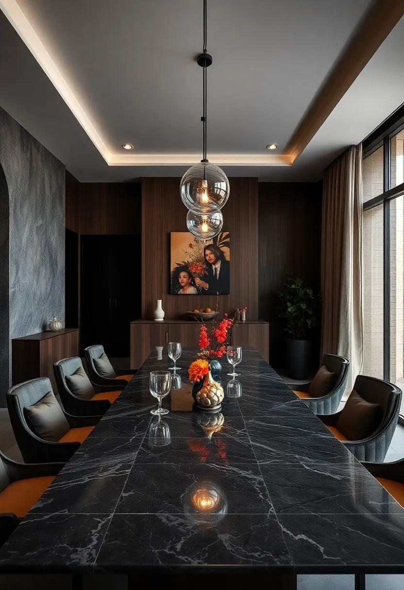 Interplay of Gloss and Matte Finishes in Table Surfaces Highlighting Textures in Moody, Elegant Dining Rooms