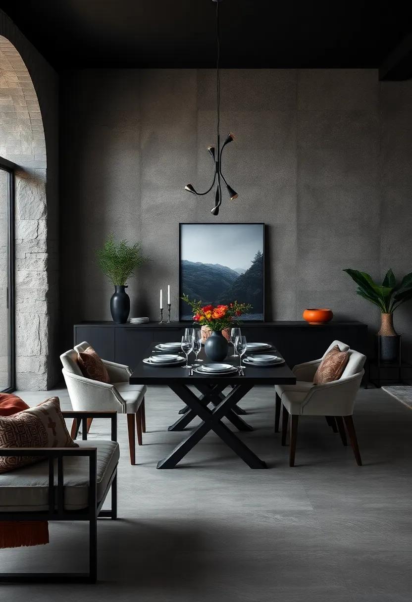 Layering Jewel Tones Through Tableware and Linens to Add Vibrancy within a Shadowed Dining Room Palette