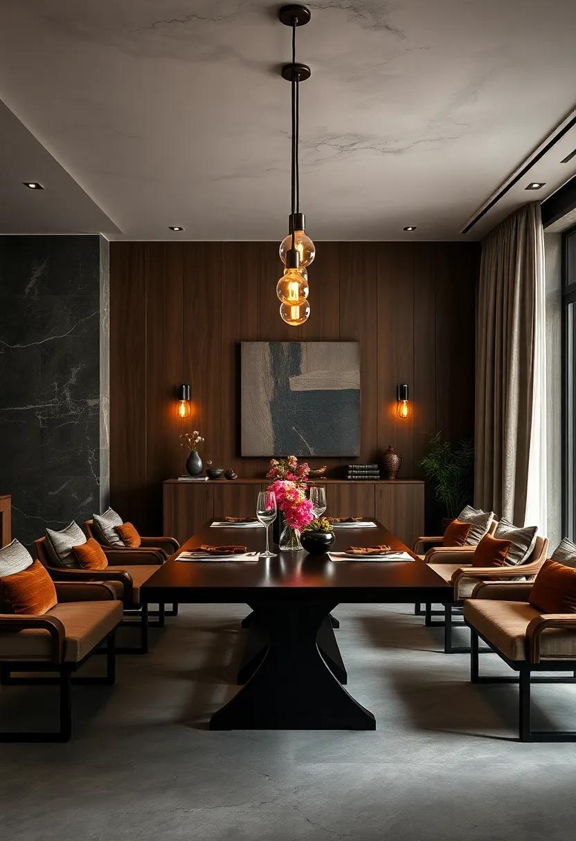 Low-Hung Edison Bulbs Above a Deep Mahogany Table Creating Warmth and Visual Drama in Elegant Rooms