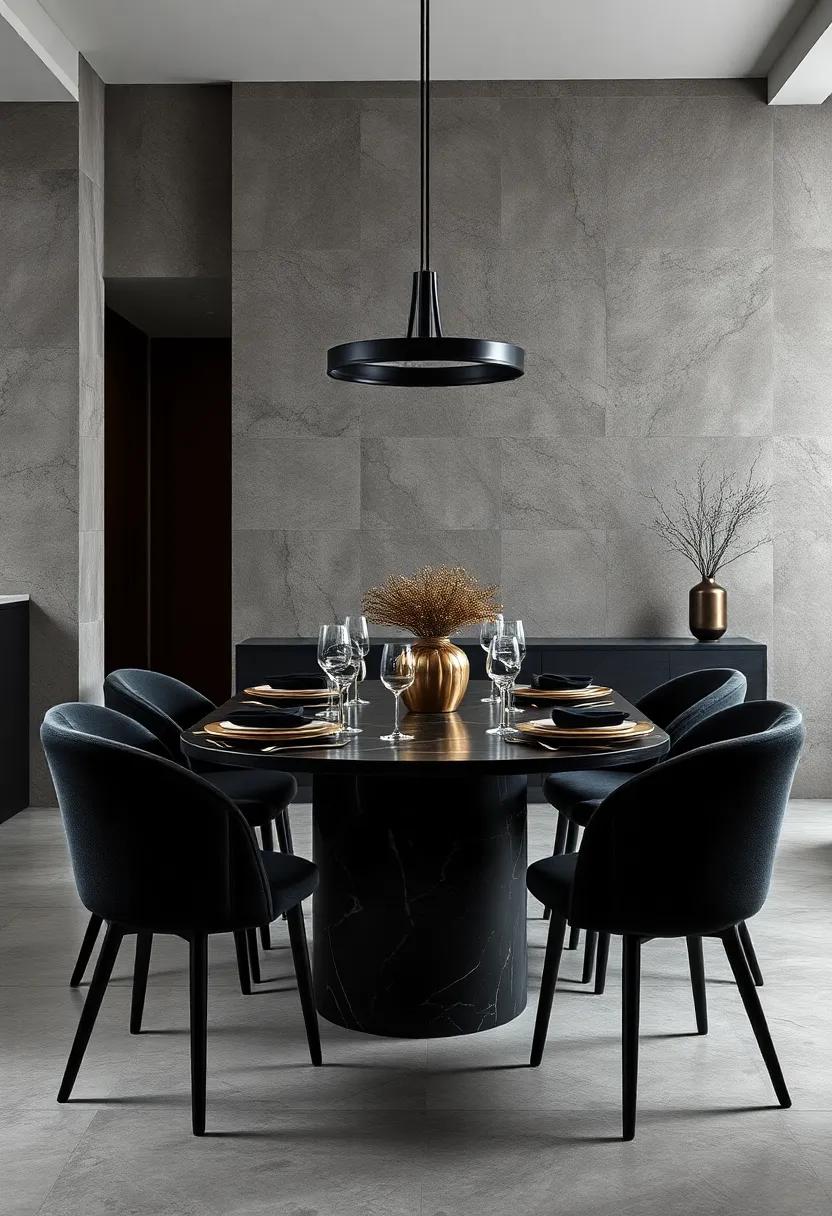 Minimalist Table Settings in Black and Gold on a Dark Marble Surface for Refined, Understated Elegance