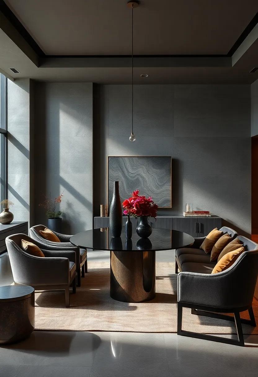 The Play of Shadow and Light on Sculptural Centerpieces in Dark and Brooding Dining Room Designs