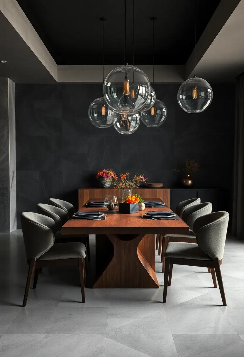 Rich Walnut Table Surrounded by Smoky Glass Chandeliers Casting Subtle Reflections on Moody Backdrops