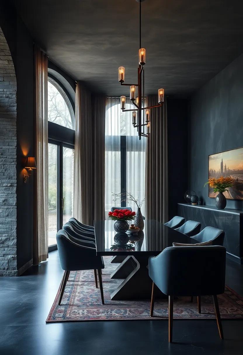 Soft Sheer Curtains Filtering Natural Light to Soften the Drama of Dark Hues in Dining Room Windows