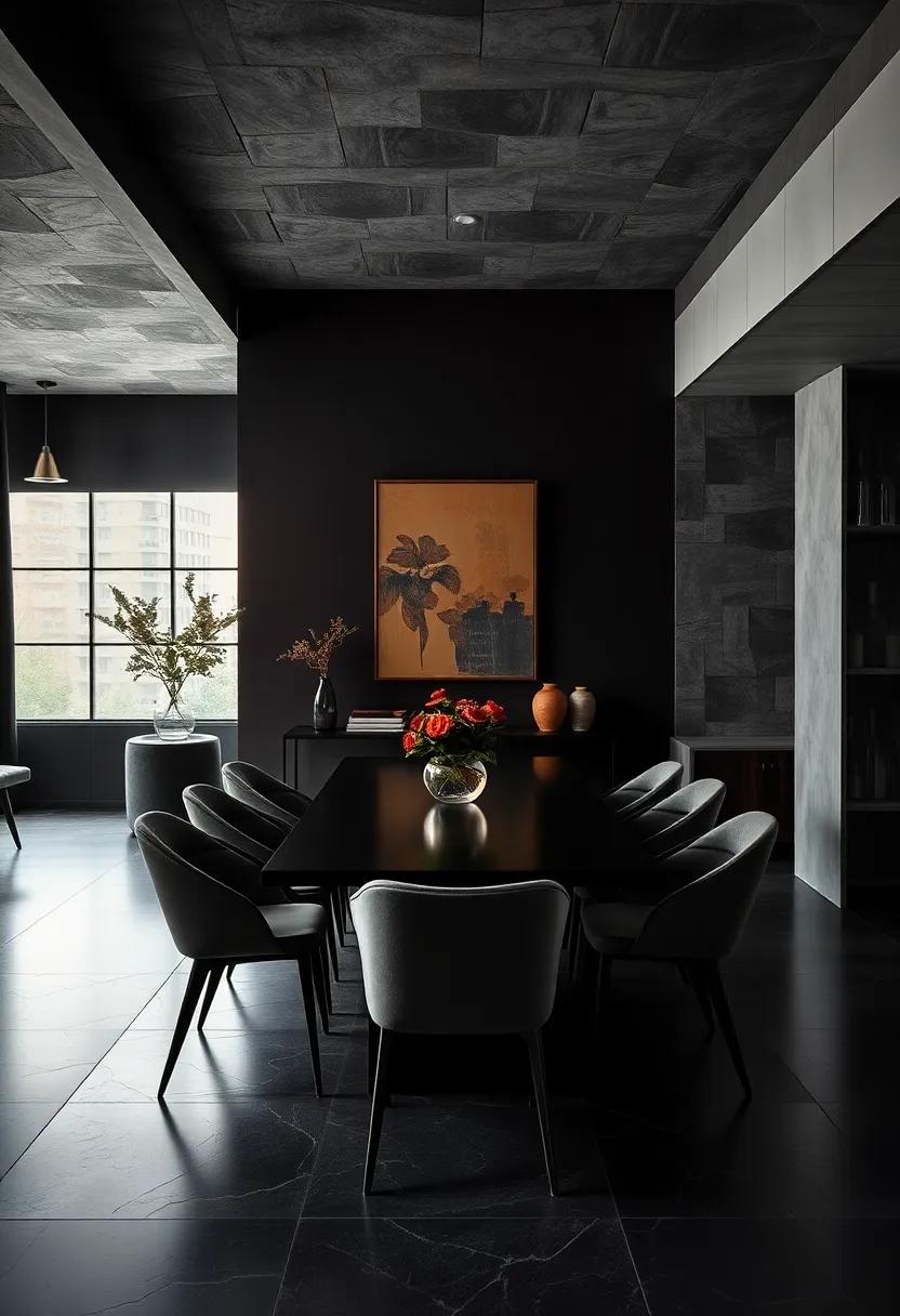 Soft Focus on Vintage Wall Art and Sculptural Elements Against Suede Walls in Dark Dining Rooms