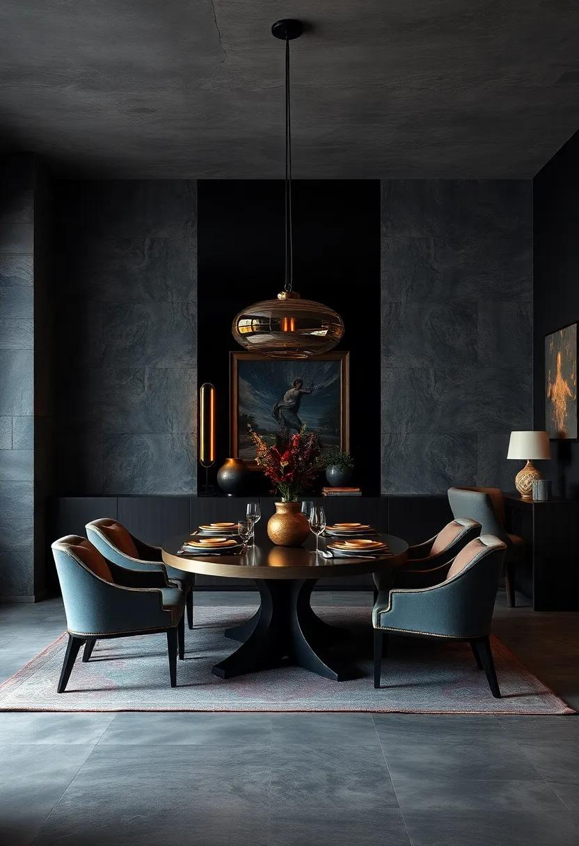 Strategic Mirrored Panels Reflecting Warm Lighting to Expand Visual Space Within Deep-Toned Dining Rooms