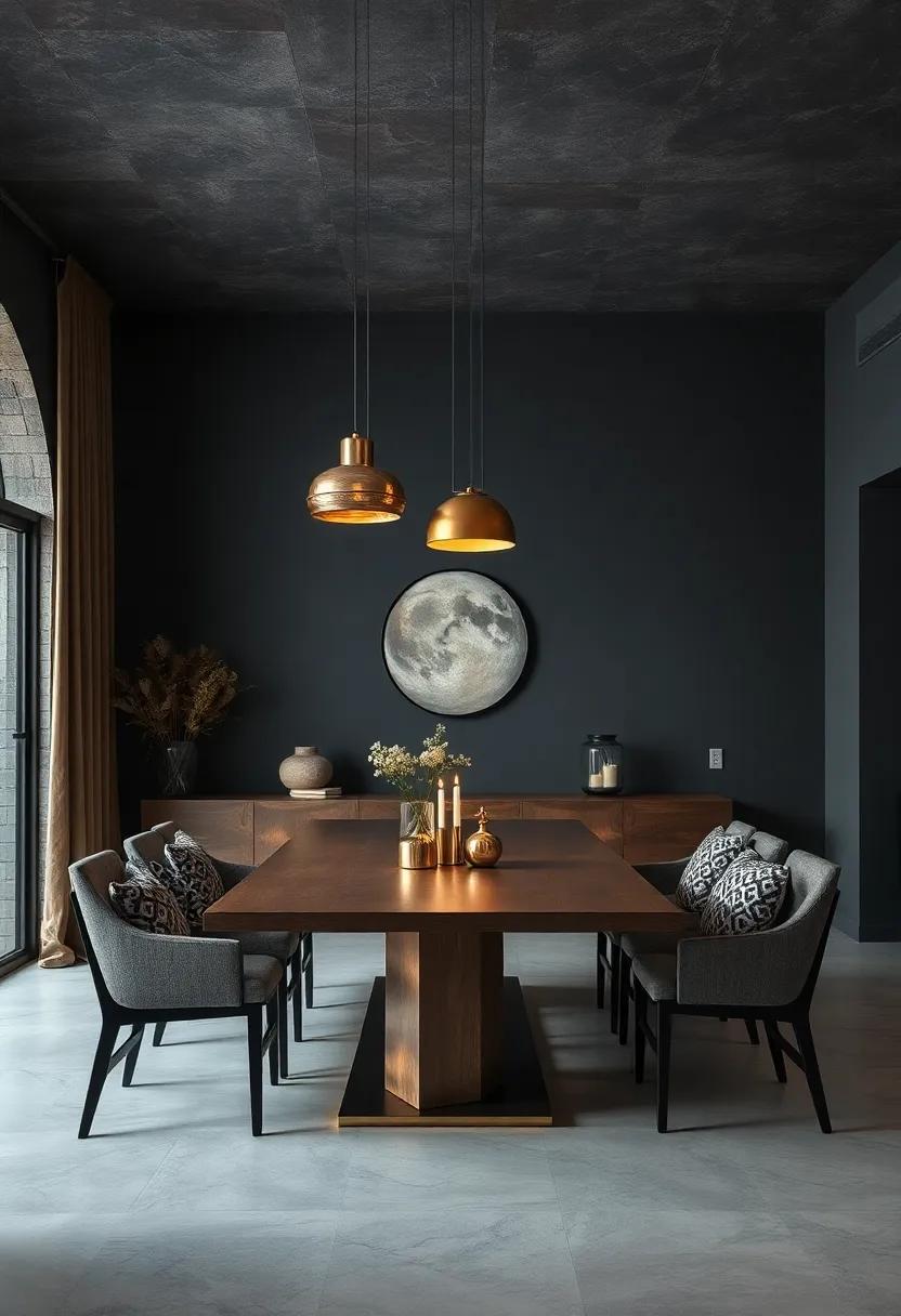 Subtle Metallic Hues in Pendant Lighting Fixtures Serving as Focal Points Amidst Moody Colored Walls