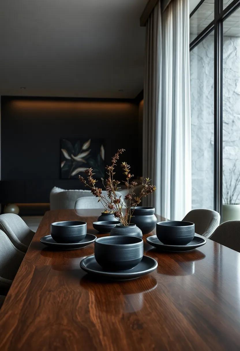 Using Matte Black Ceramic Dishes Arranged Elegantly on a Glossy Wooden Table to Enhance Moody Aesthetic