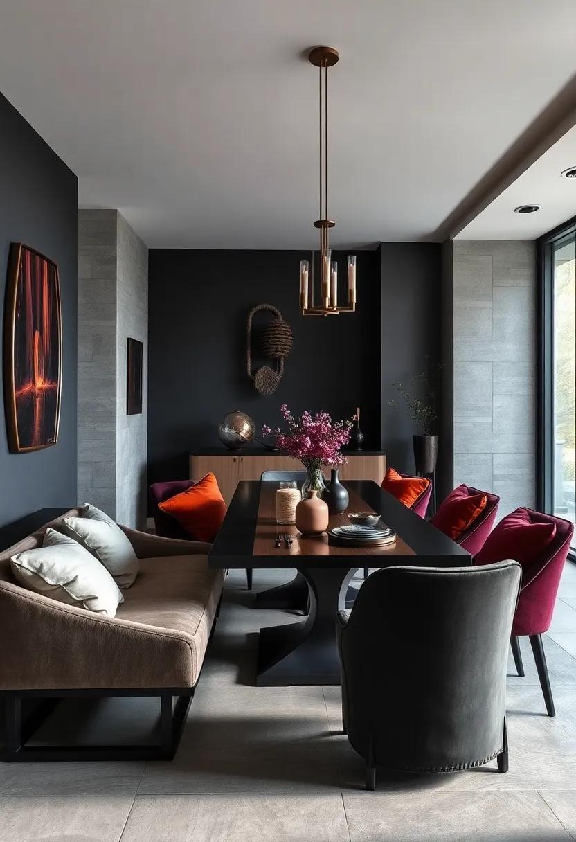 Velvet Cushions in Burnt Sienna and Plum Shades Bringing Rich Color Contrast to Dark Themed Dining Areas