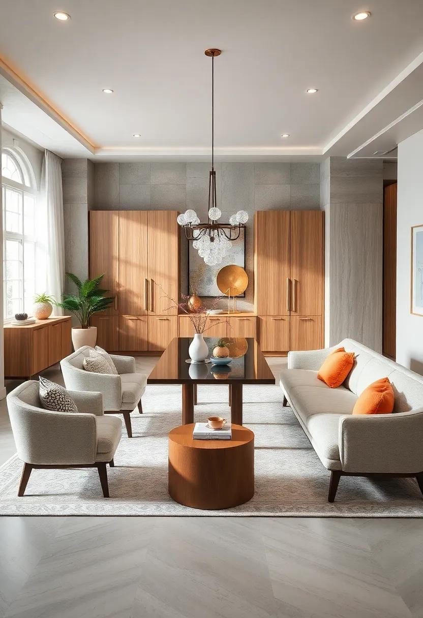 Crafting Visual Balance by Contrasting Tall Cabinets with Low Seating Arrangements