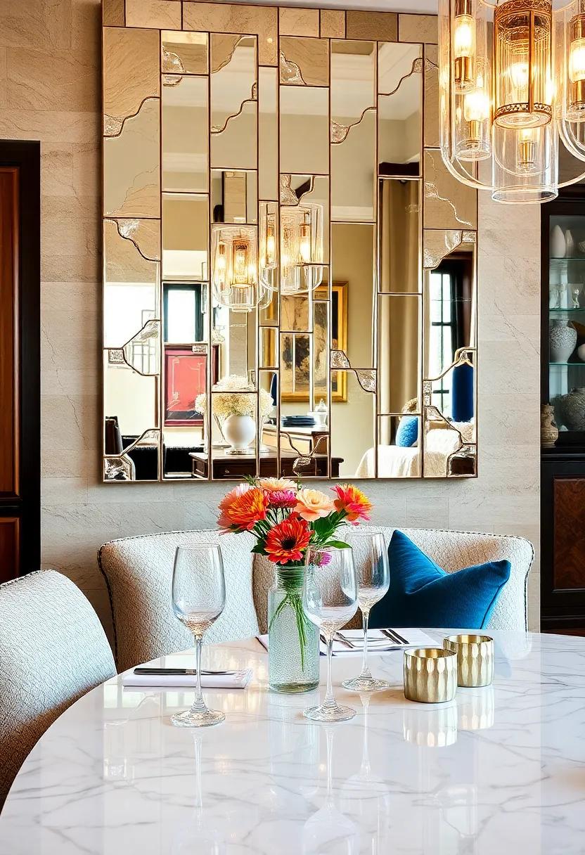 Art Deco Inspired Mirror Mosaics Highlighting Luxurious Textured Fabrics and Crystal Glassware