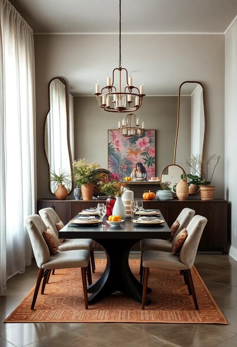 A Bohemian Feast Setting Reflected in Irregularly Shaped Mirrors and Handmade Ceramics