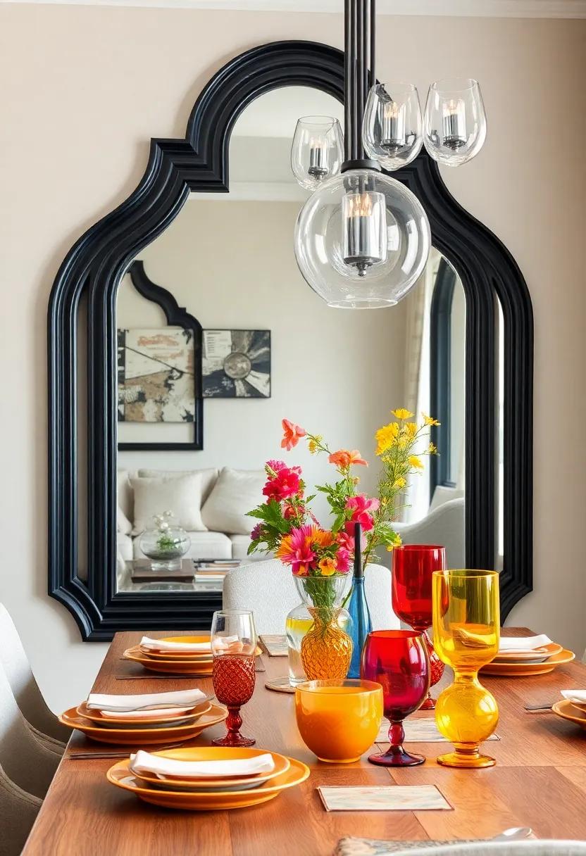 Bold Contrasts of Black Trimmed Mirrors Paired with Vibrant Colorful Dishes and Glassware