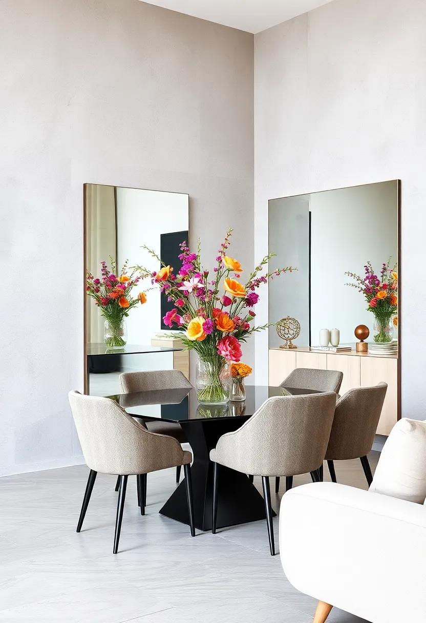 Bright Floral Centerpieces Mirrored in Large, Frameless Mirrors for a Fresh Springtime Dining Mood