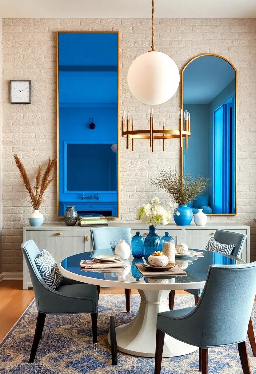 Coastal Vibes in a Dining Room with Blue-Tinted Mirrors Paired with Nautical Decorative Elements