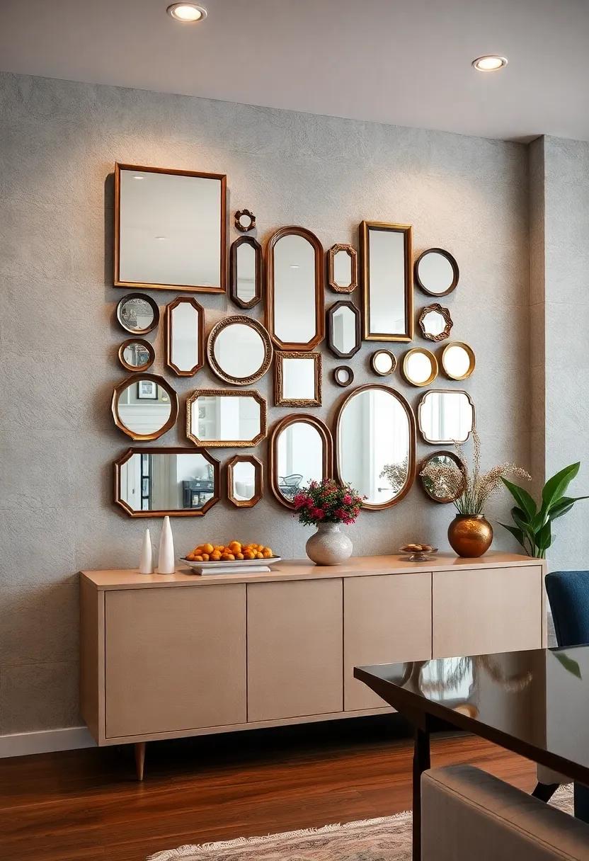 Dynamic Layering of Small Vintage Mirrors Creating a Gallery Wall Over a Sleek Dining Sideboard