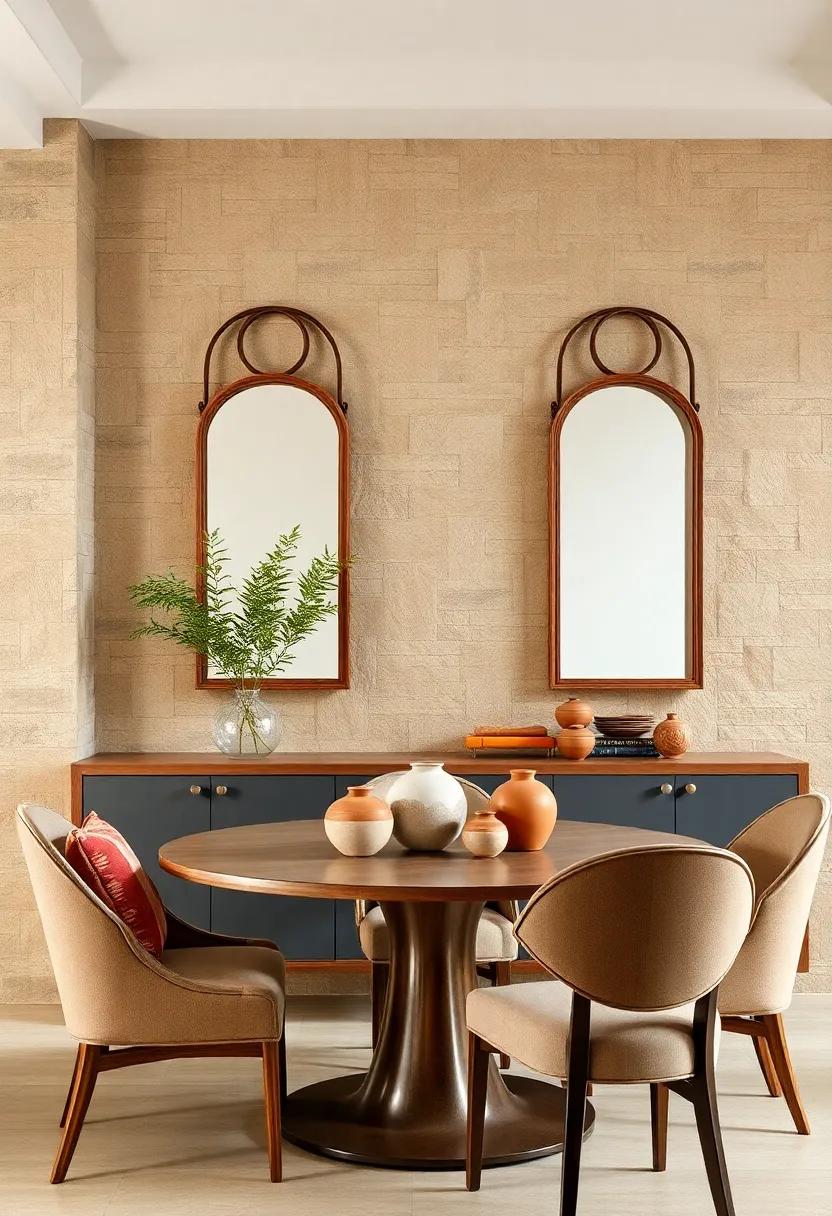 Earthy Tones Enhanced by Wood-Framed Mirrors and Clay Pottery in an Inviting Dining Space