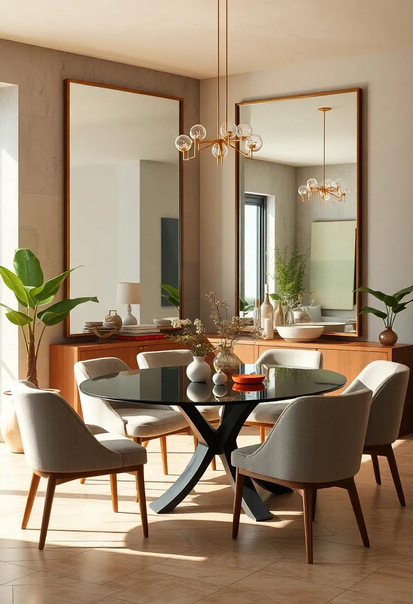 Expansive Mirrors Doubling the Light in a Dining Room with Fresh Greenery and Natural Wood Elements