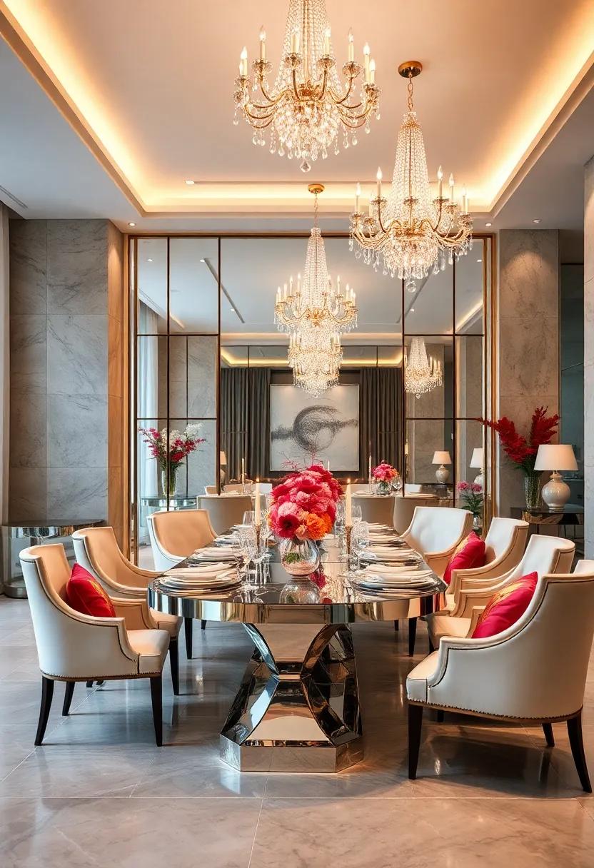 Glamorous Dinner Party Scene with Crystal Chandeliers and Mirrored Console Tables Highlighting Sparkle