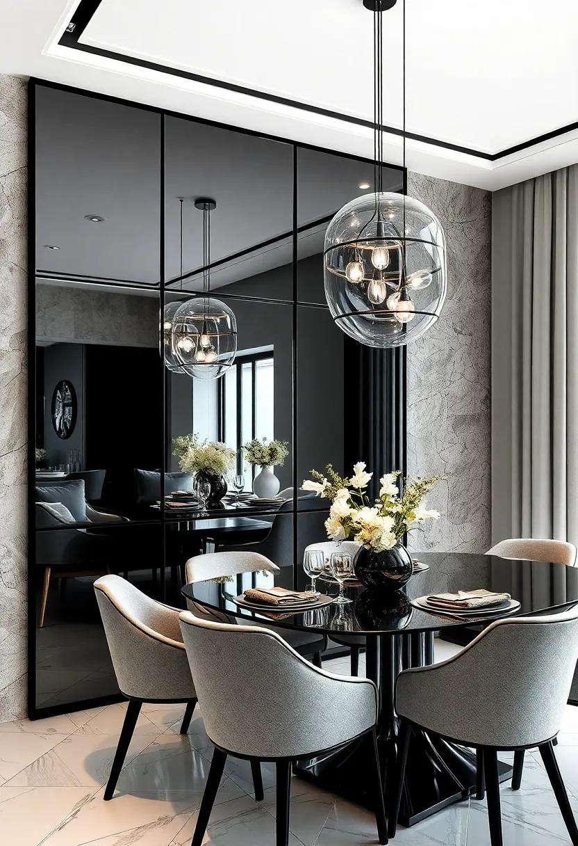 High Contrast Black and White Reflections Creating a Striking Atmosphere in a Modern Dining Setting