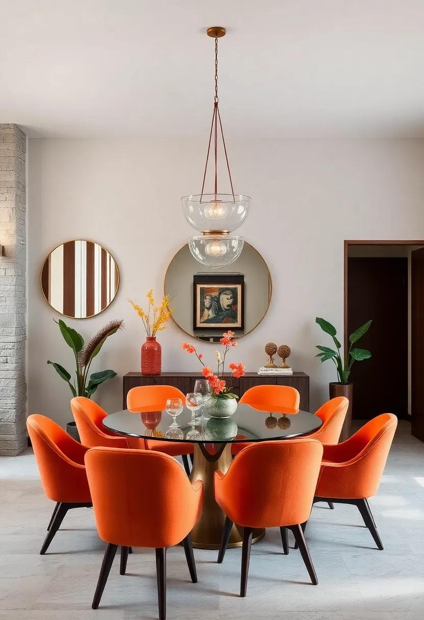 Mid-Century Modern Dining Spaces Featuring Circular Mirrors and Sculptural Chairs in Bright Tones