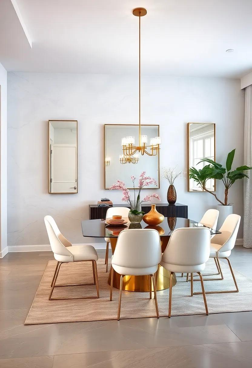 Minimalist Elegance Showcased by Slimline Mirrors and Stark White Dining Furniture with Metallic Finishes