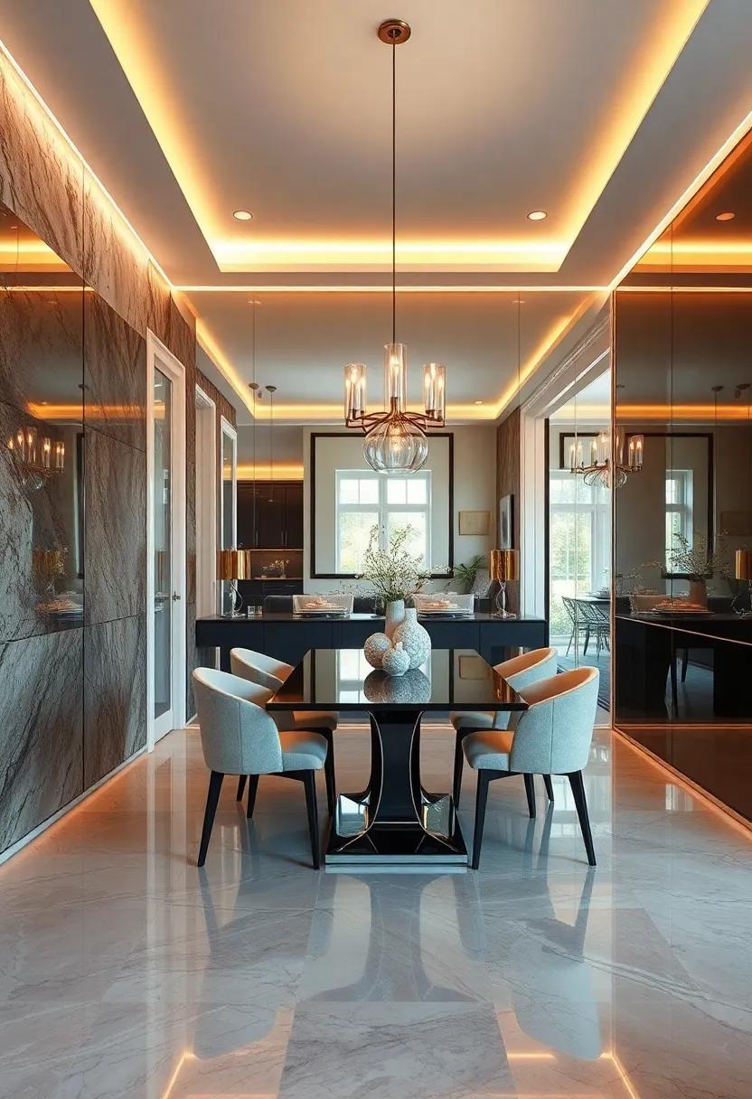 Monochrome Reflections in a Contemporary Dining Space with High Gloss Mirror Walls