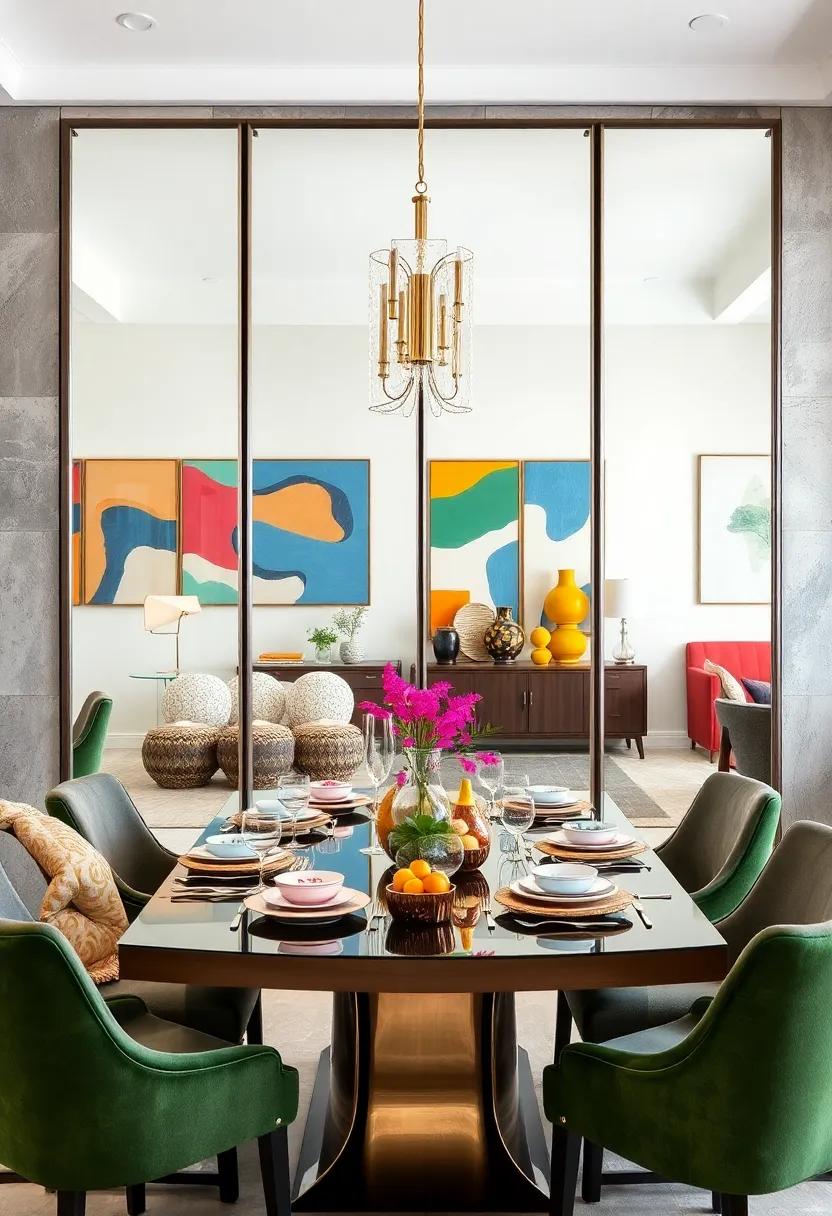 Playful Reflections of Colorful Wall Art and Eclectic Dinnerware Mirrored in Oversized Panels
