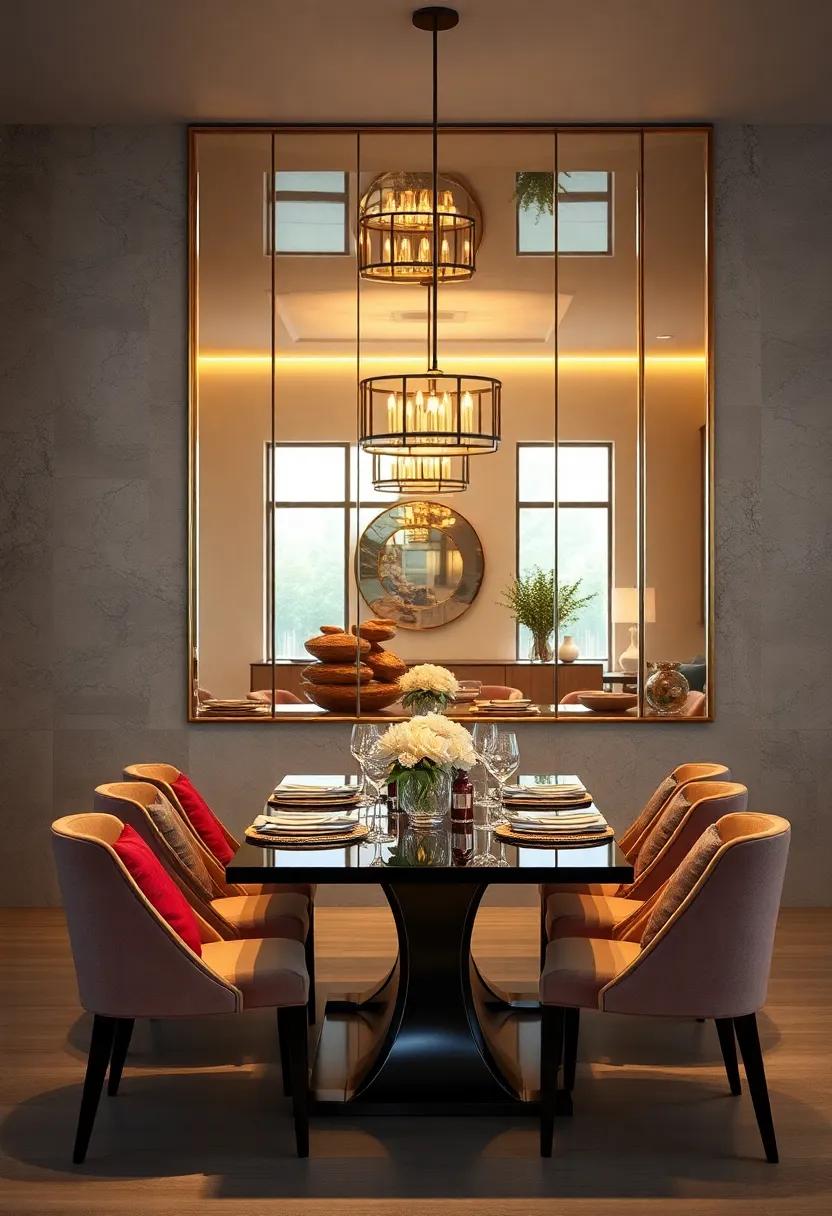 Reflective Surfaces Illuminating a Dining Room with Soft Ambient Lighting and Elegant Table Settings