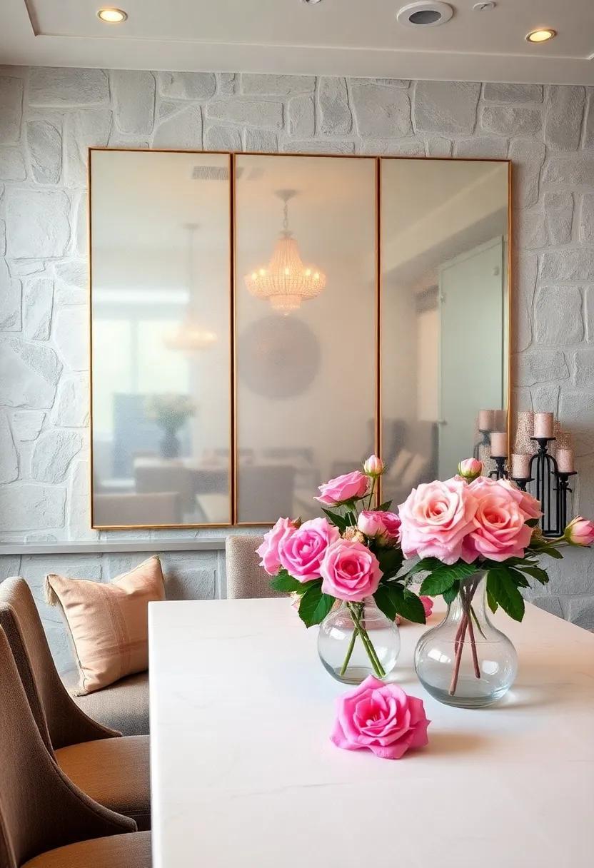 Romantic Dining Ambiance Created by Frosted Mirrors and Soft Pink Floral Arrangements on the Table