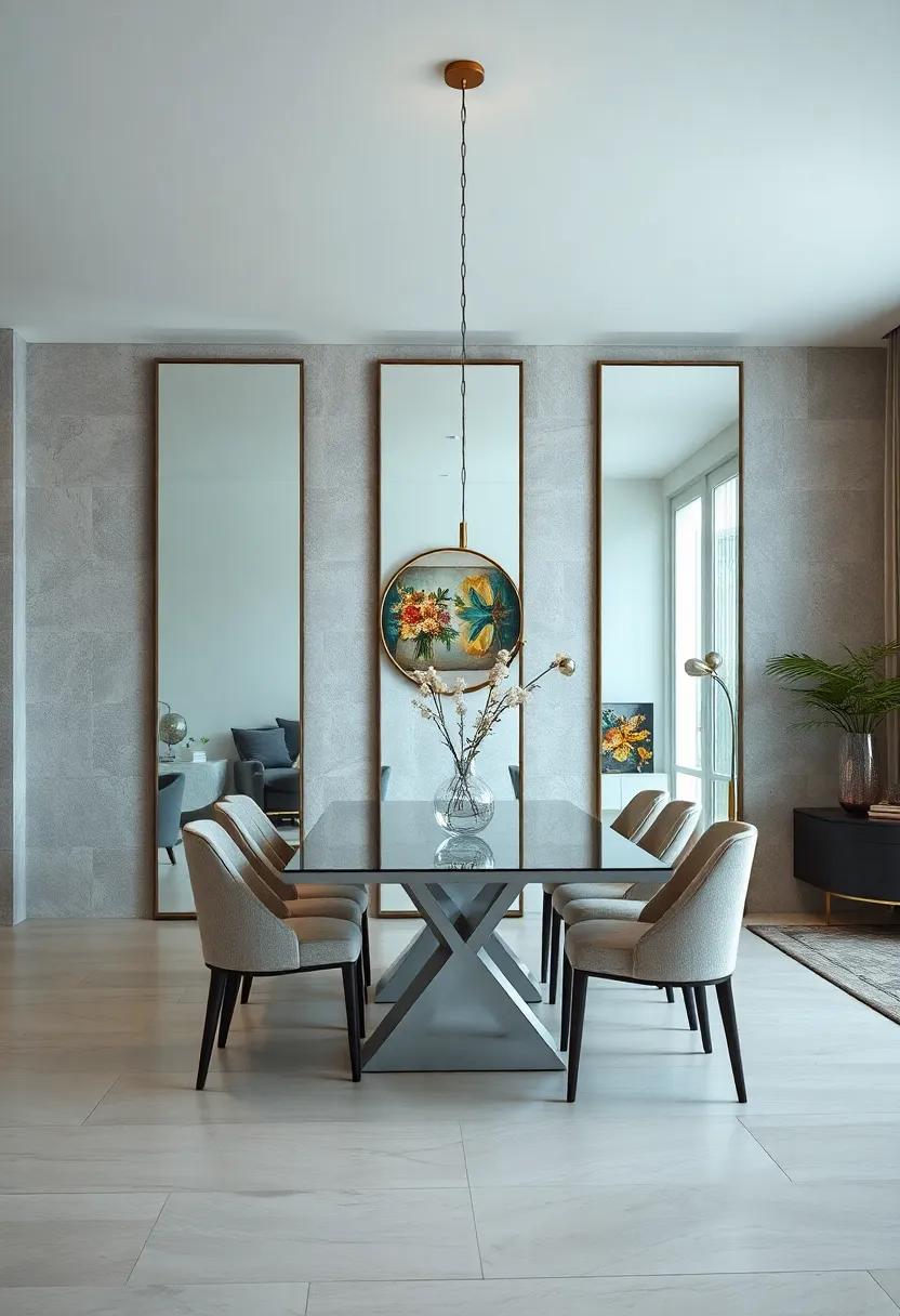A Sleek Modern Dining Room Featuring Geometric Mirror Panels and Minimalist Metallic Accents