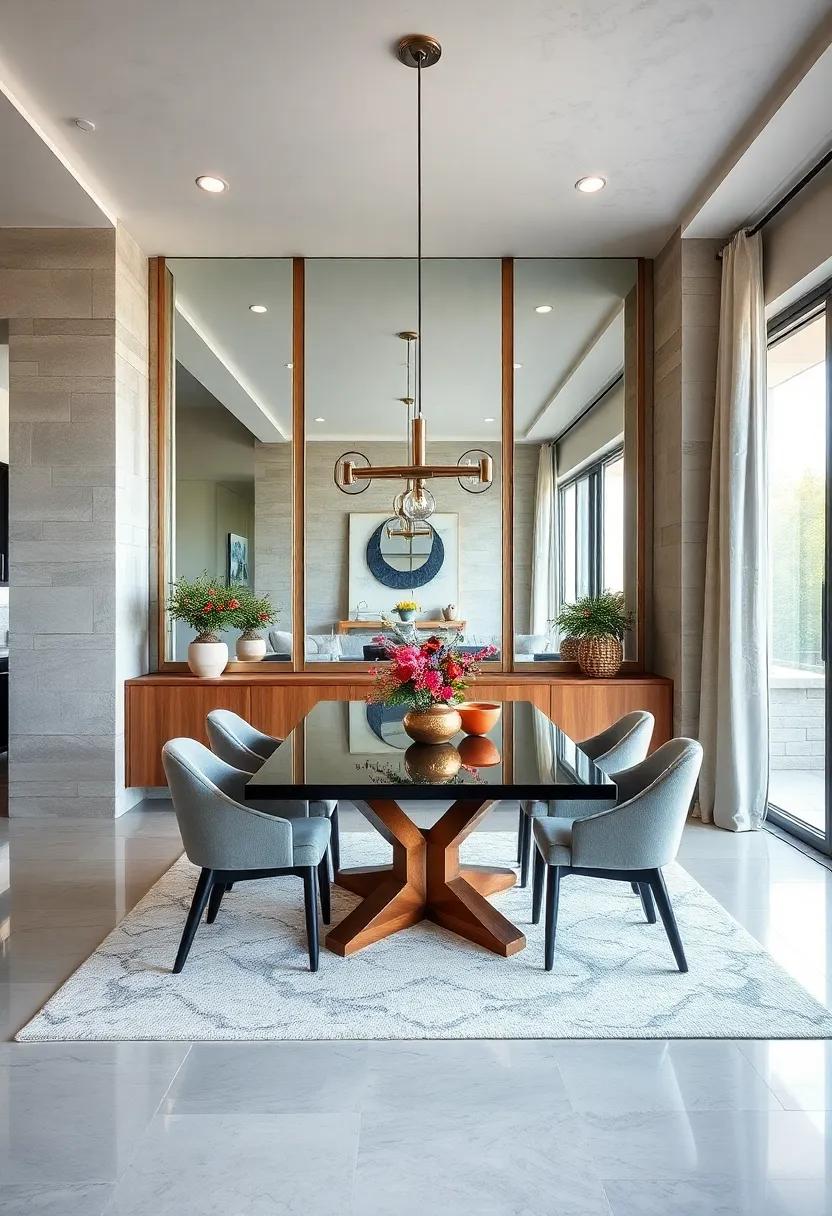 Symmetrical Mirror Panels Enhancing the Clean Lines and Architectural Features of a Contemporary Dining Room