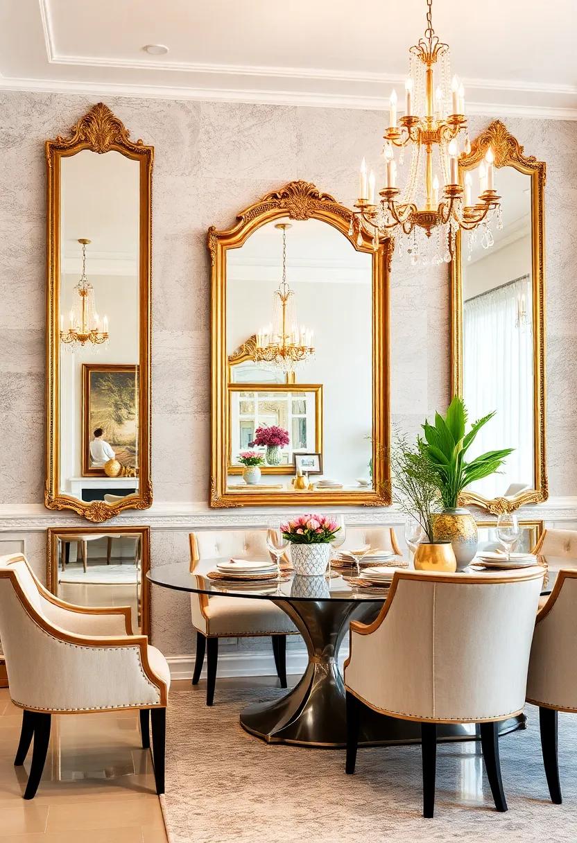 Vintage Glamour Achieved Through Ornate Gold-Framed Mirrors and Classic Chandelier Reflections