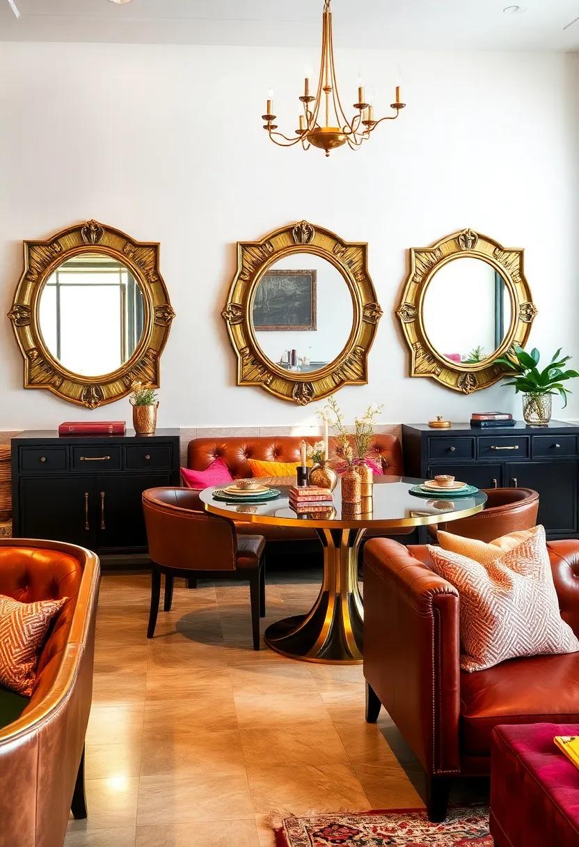 Warm Metallic Hues Reflected in Antique Brass Mirrors Complementing Rich Leather Seating and Dark Woods