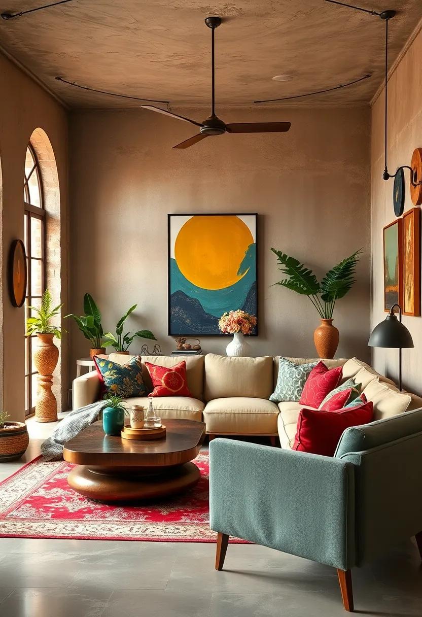 Eclectic Home Decor Showcasing a Vibrant Fusion of Vintage Finds and Modern Artistry in a Cozy Living Room Space