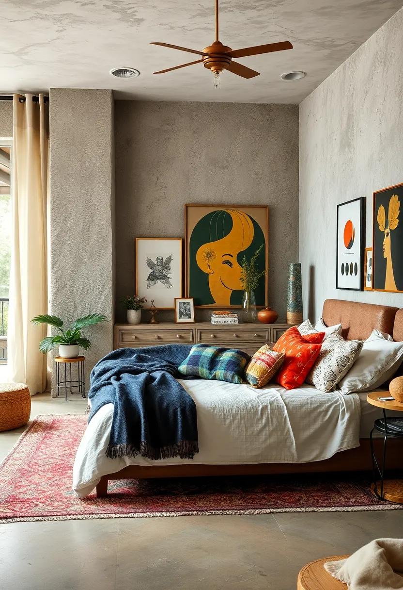 A Serene Eclectic Bedroom Featuring Layered Textures, Bold Patterns and Personal Artistic Mementos on Display