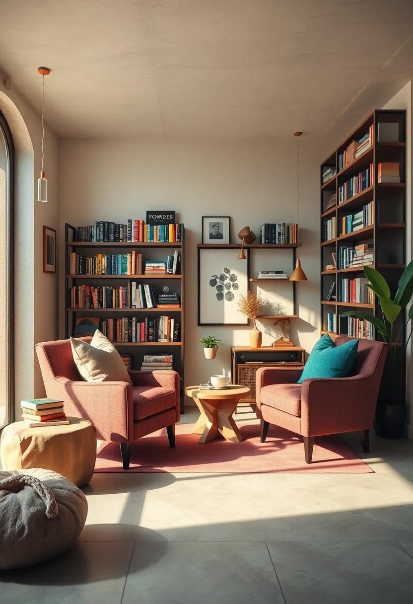Eclectic Reading Nook Bathed in Warm Light with Mismatched Chairs, Oversized Pillows, and Artistic Bookshelves