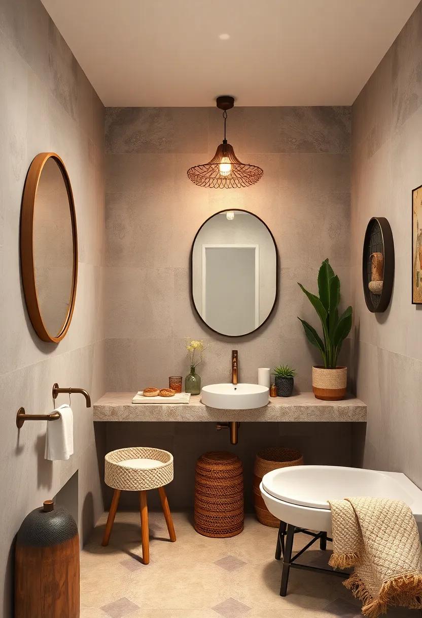 Eclectic Bathroom Design Highlighting Vintage Mirrors, Colorful Tiles, and Eclectic Lighting Fixtures as Art