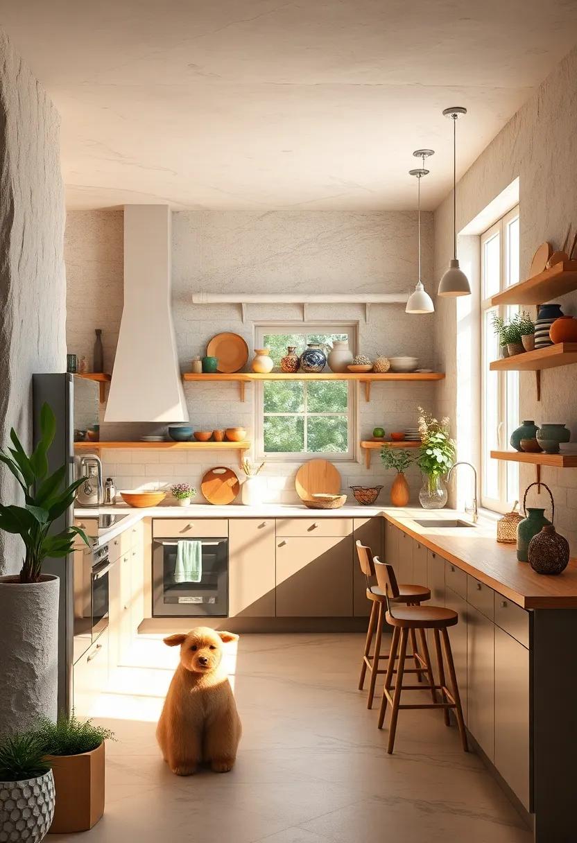 Sunlit Eclectic Kitchen Embellished with Colorful Artisan Ceramics, Unique Fixtures, and Natural Wood Accents