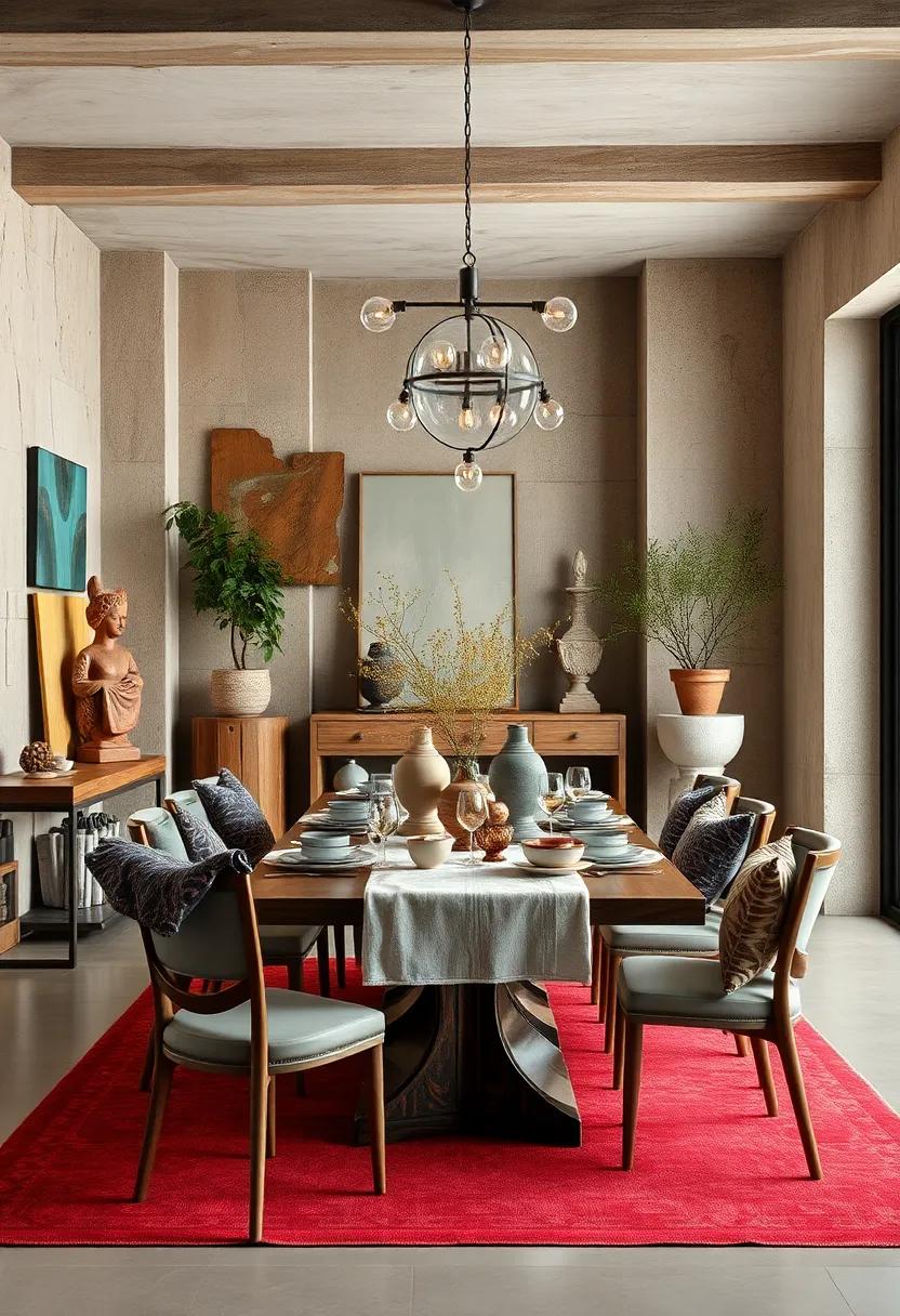 Eclectic Dining Room Combining Rustic Elements with Contemporary Sculptures and Handcrafted Tableware