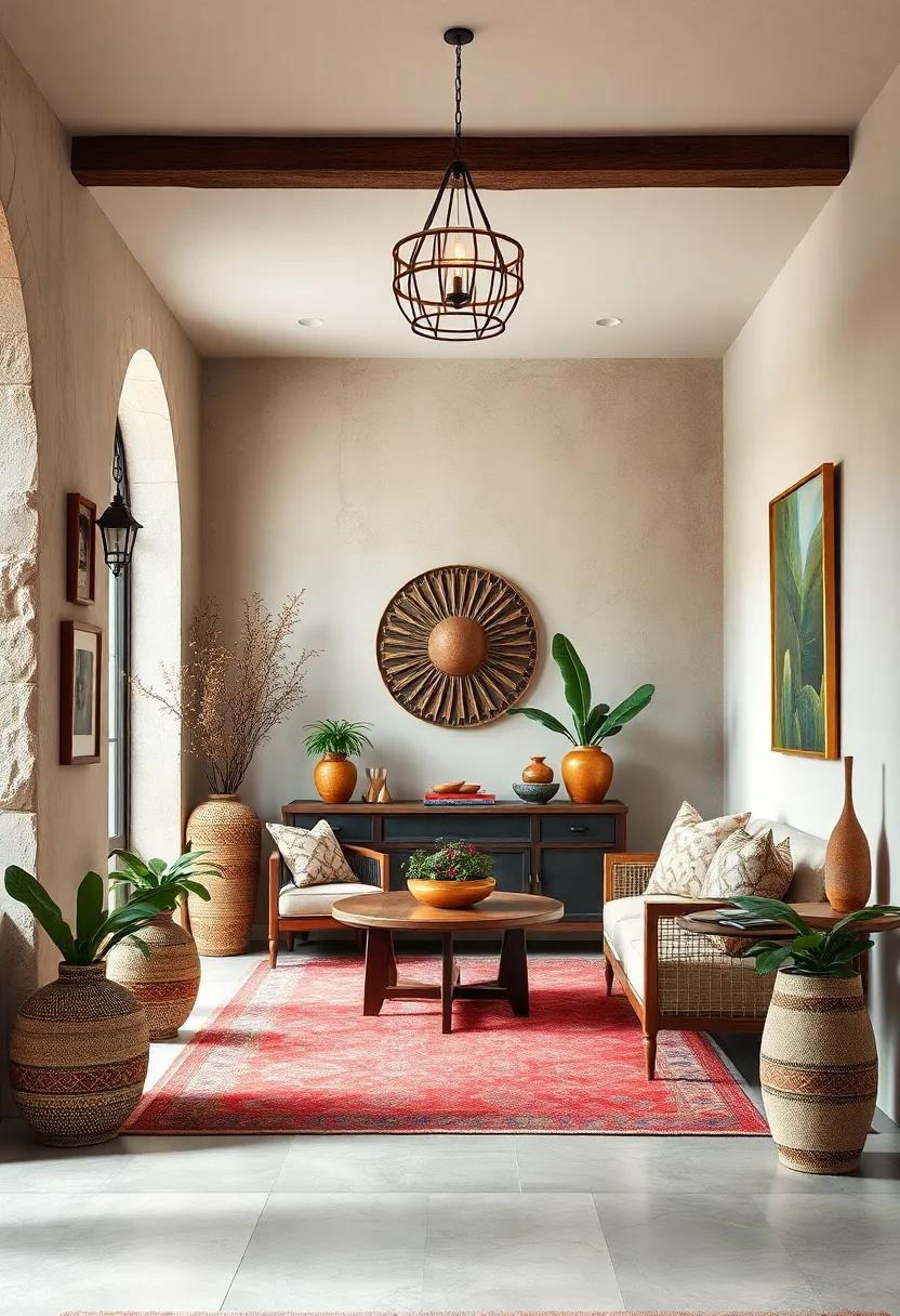 Mixing Global Inspirations Through Decorative Objects and Artifacts in an Eclectic Home Entryway