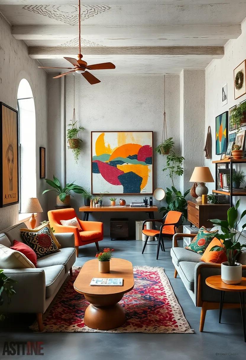 Bohemian Meets Mid-Century Style in an Eclectic Workspace Filled with Abstract Art and Vintage Furniture Pieces
